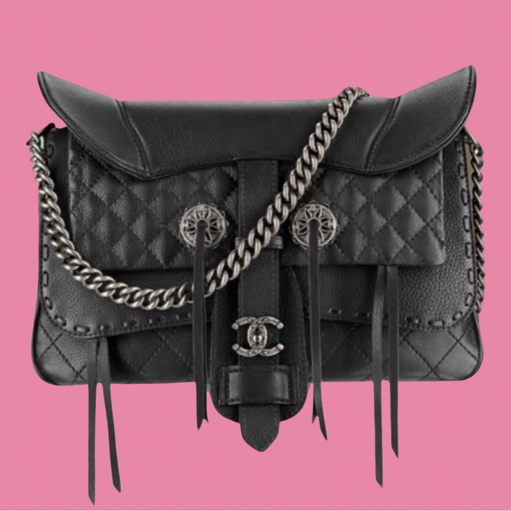 Chanel 2014 Black Quilted Calfskin Leather Paris-Dallas Ride Western Saddle Bag